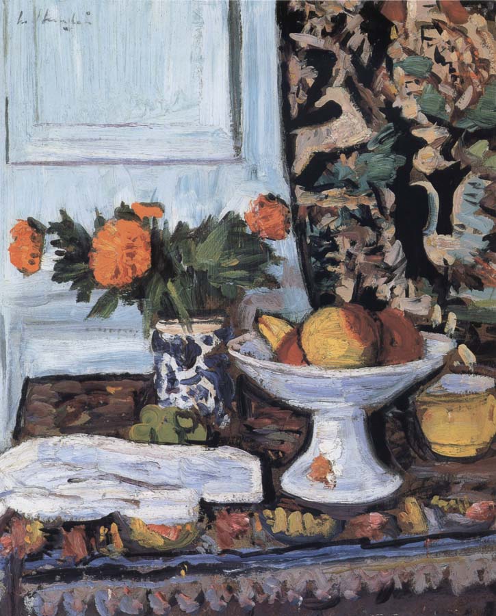 Still Life with Fruit and Marigolds in a Chinese Vase